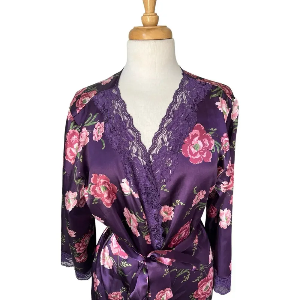 Amoureuse Peignoir Purple Floral Robe Belted Lace Liquid Satin Lounge Medium